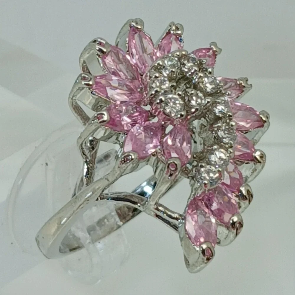 Vintage 1990s Pink Marquise Floral Swirl Cocktail Ring Silver Statement Size 8.5